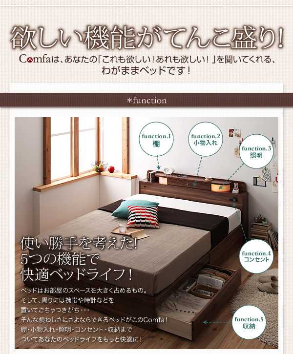 照明・コンセント・収納ベッド【Comfa】コンファ シングルベッド
