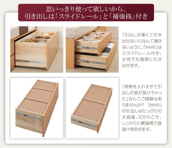 日本製・棚コンセント仕切り板引出し大容量収納チェストベッド【Inniti
